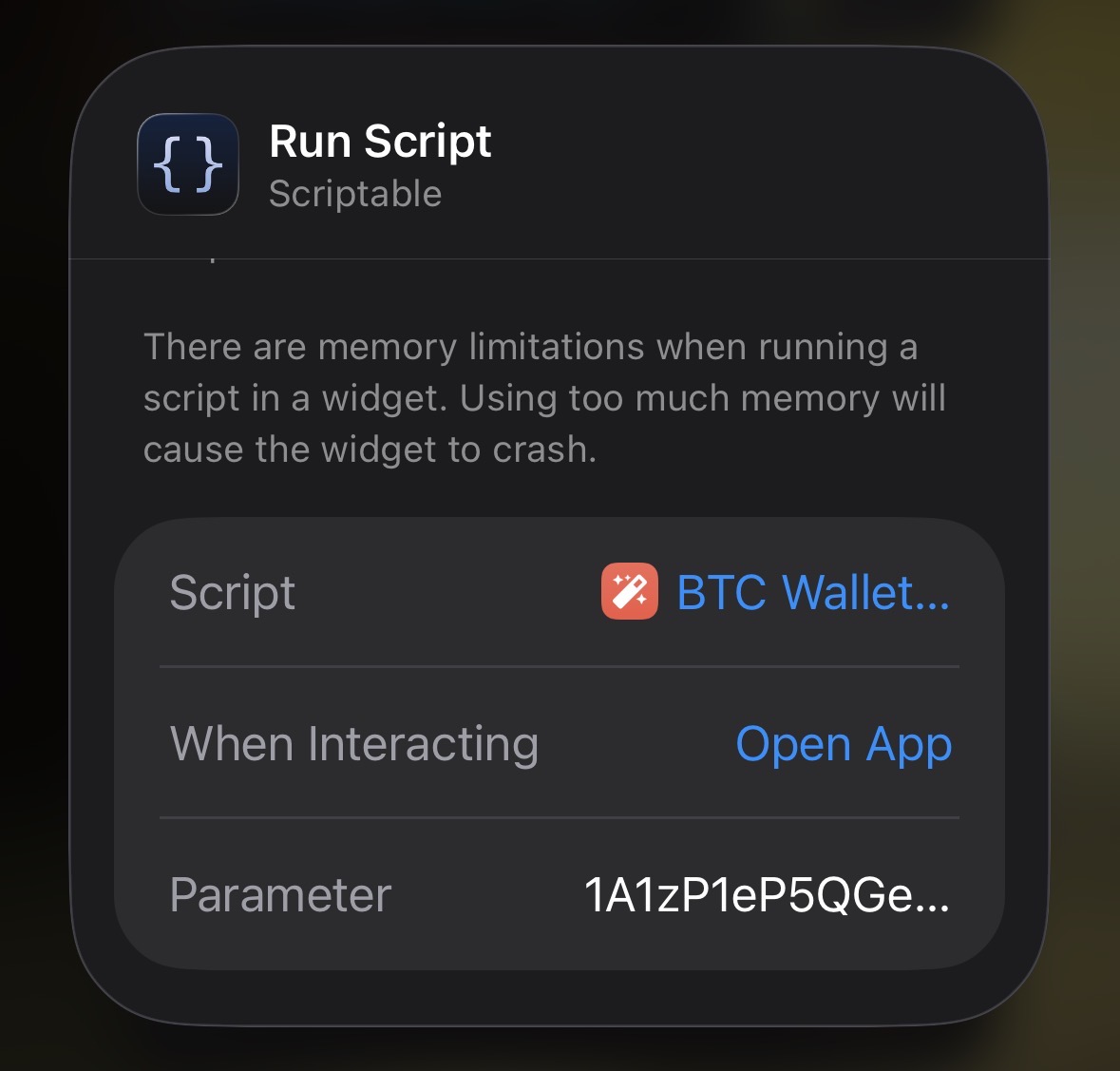 Écran de configuration du widget Scriptable, avec l'adresse à suivre renseignée dans le champ Paramètre