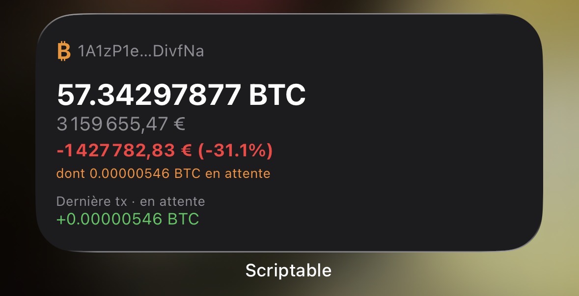 Widget d'écran d'accueil iOS affichant le solde d'un portefeuille Bitcoin